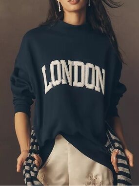 Anthropologie Mock-Neck City London Graphic Oversized Sweatshirt Navy Pullover